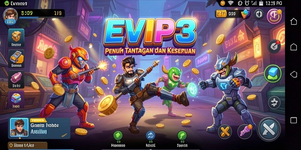 Screenshot utama EVIP3 menampilkan gameplay Arcade yang menegangkan dan penuh warna.